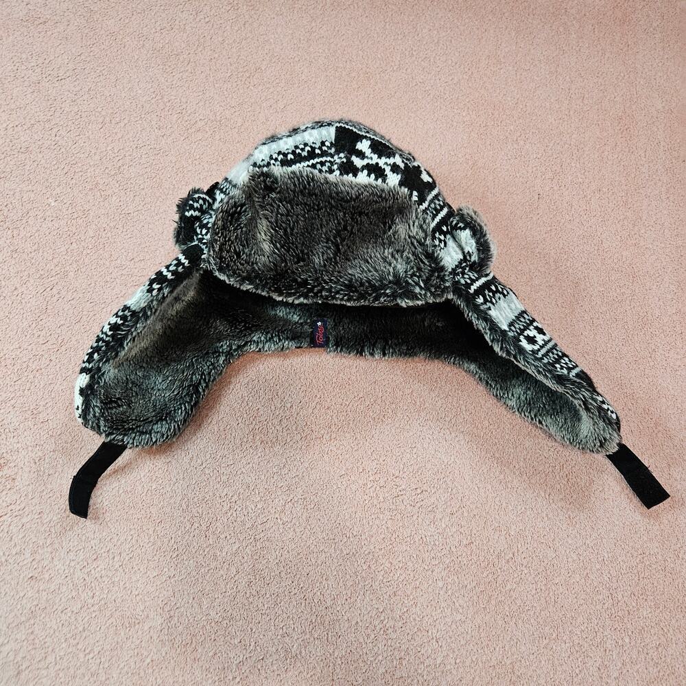 Toby Boys Black White Skull Fair Isle Knit Faux Fur Trapper Bomber Hat size 4-20